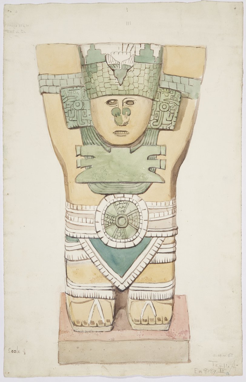 Caryatid III, ydre kammer, Jaguarernes Øvre Tempel (Tempel A), Chichen Itza, Mexico (akvarel) af Adela Breton