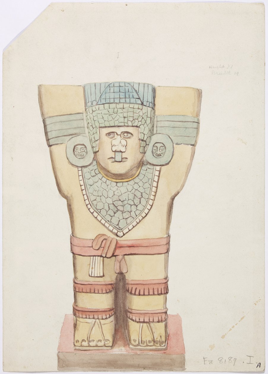 Caryatid I, ydre kammer, Jaguarernes Øvre Tempel (Tempel A), Chichen Itza, Mexico (akvarel) af Adela Breton