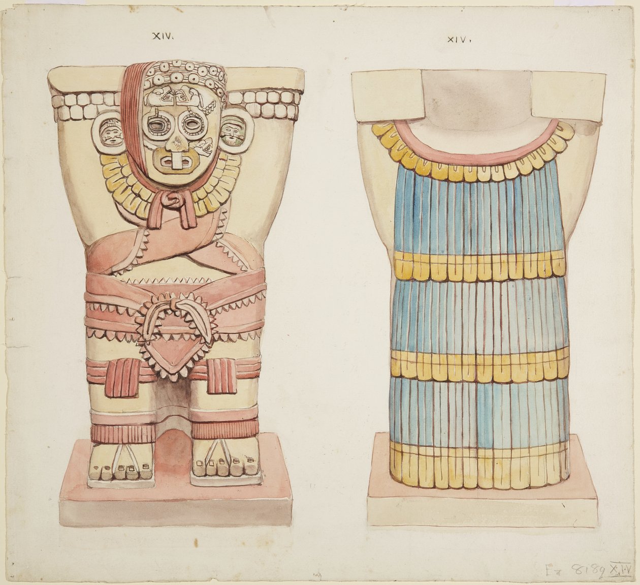 Caryatid XIV fra det ydre kammer, Jaguarernes Øvre Tempel (Tempel A), Store Boldbane, Chichen Itza, Mexico (akvarel) af Adela Breton