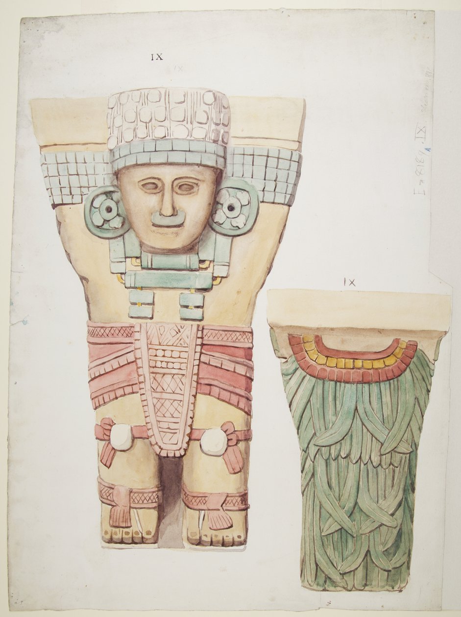 Karyatid fra det ydre kammer, Temple A, boldbane Chichen Itza, Mexico (akvarel) af Adela Breton
