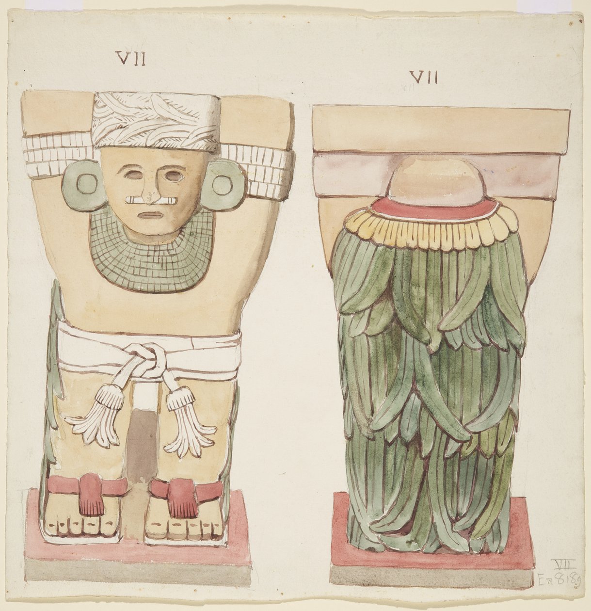 Karyatid fra det ydre kammer, Temple A, boldbane, Chichen Itza, Mexico (akvarel) af Adela Breton