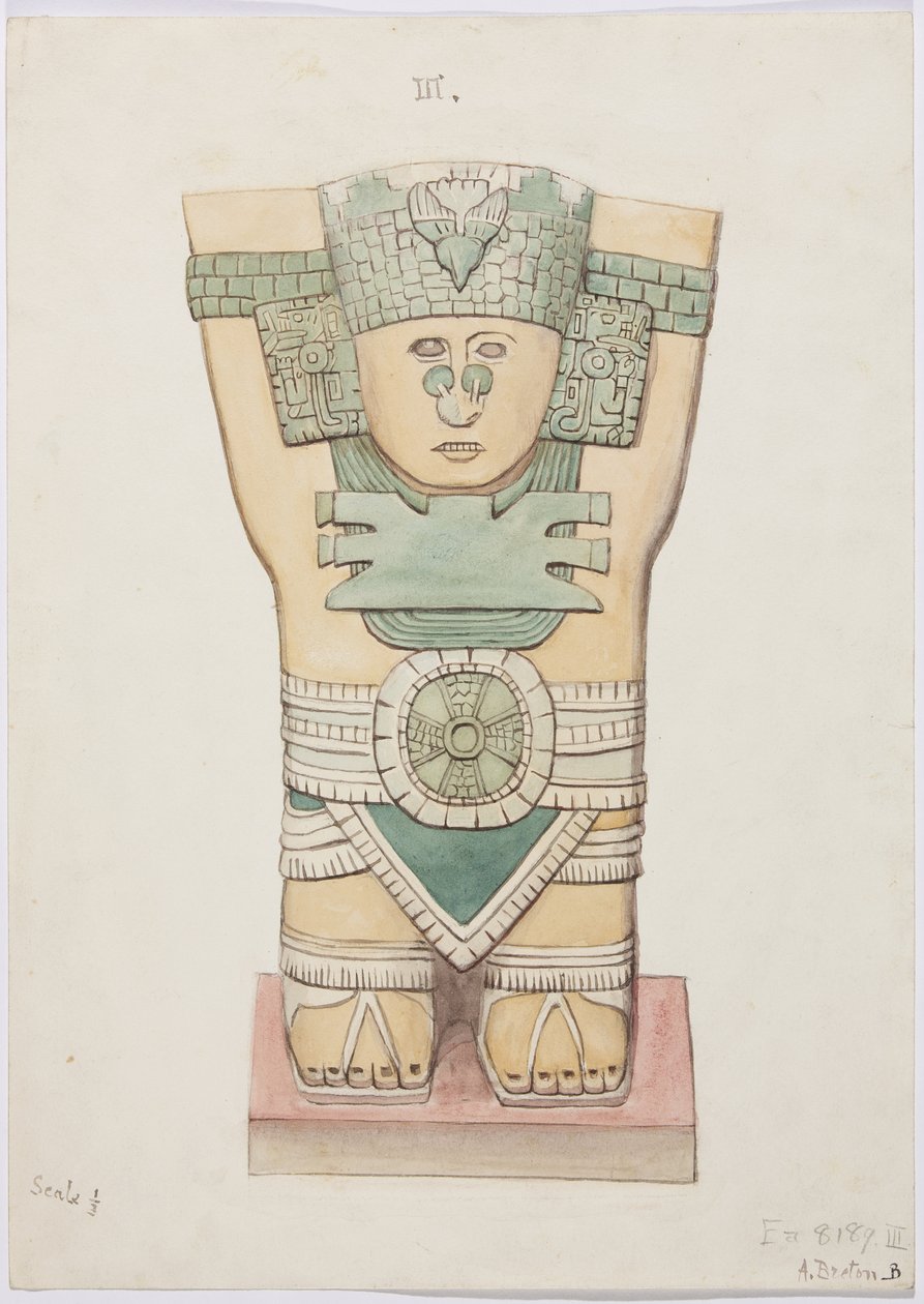 Akvarelkopi af stuccofacaden på templet på pyramiden ved Acanceh Fuld skala To rækker figurer inden for en trinformet ramme Figur 1-5 (akvarel) af Adela Breton