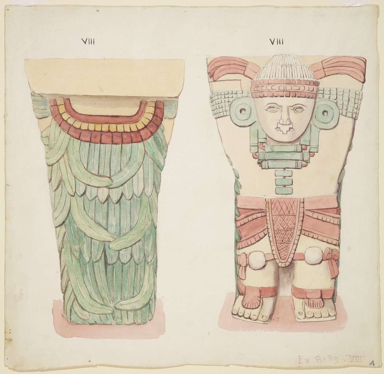 Karyatid fra det ydre kammer, Temple A, boldbane, Chichen Itza, Mexico (akvarel) af Adela Breton