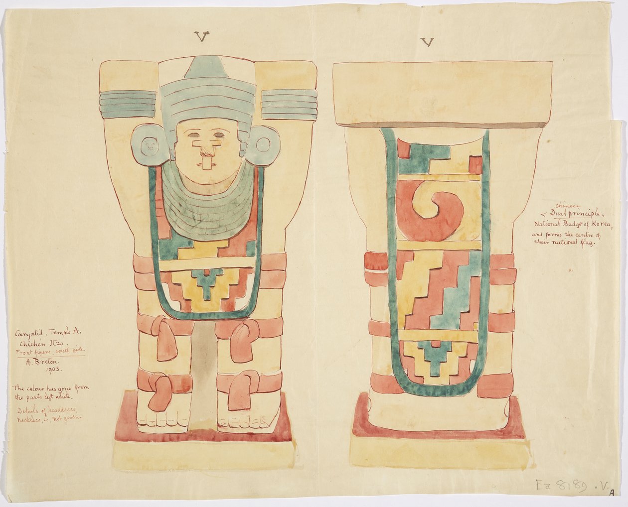 Karyatid fra det ydre kammer, Jaguarernes Øvre Tempel (Tempel A), boldbane, Chichen Itza (akvarel) af Adela Breton