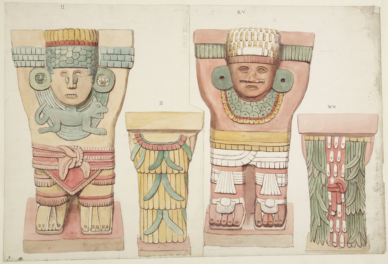 Karyatider II og XV fra ydre kammer, Jaguarernes øvre tempel, Chichen Itza, Mexico (akvarel) af Adela Breton