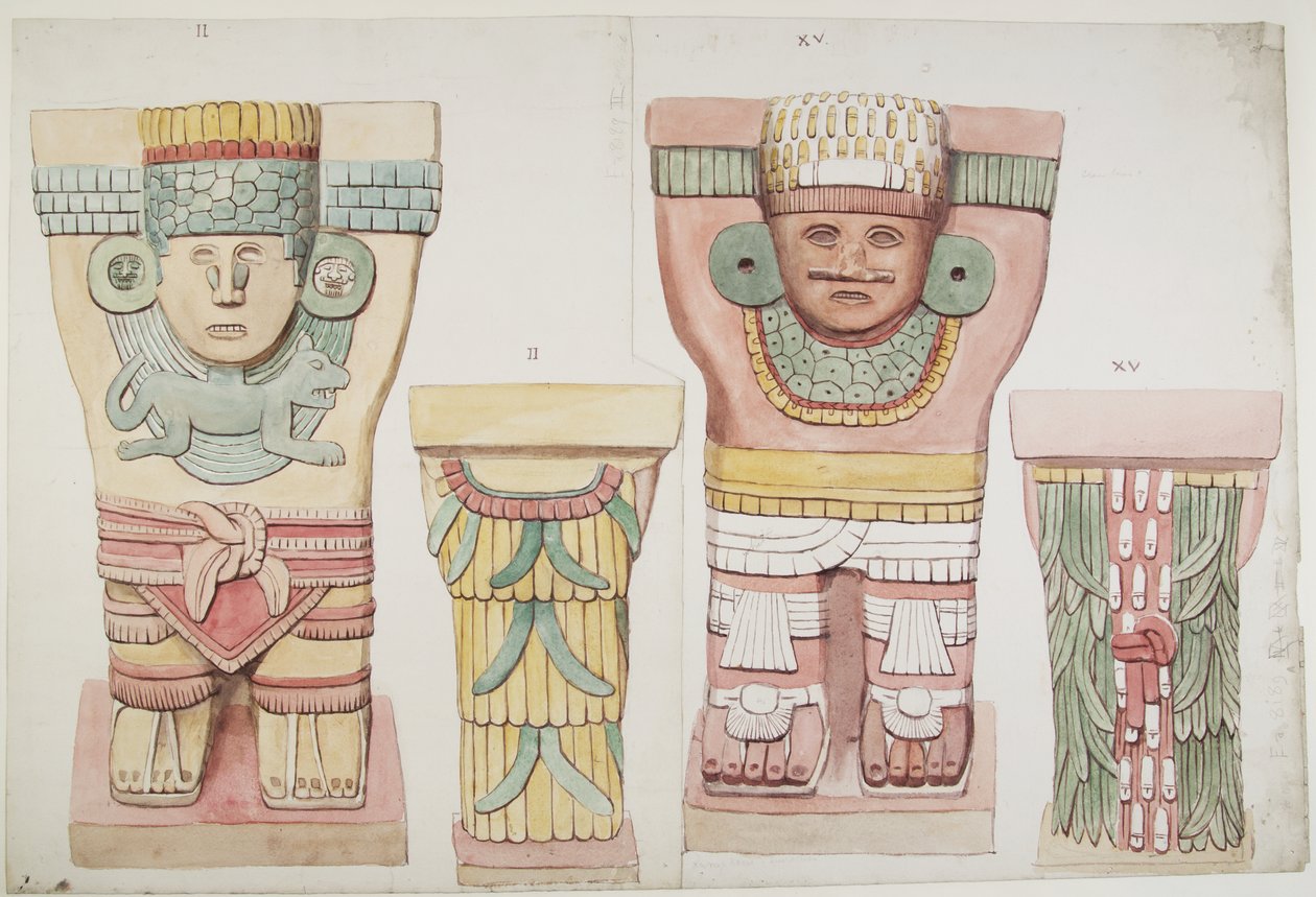 Karyatider II og XV fra ydre kammer, Jaguarernes øvre tempel, Chichen Itza, Mexico (akvarel) af Adela Breton