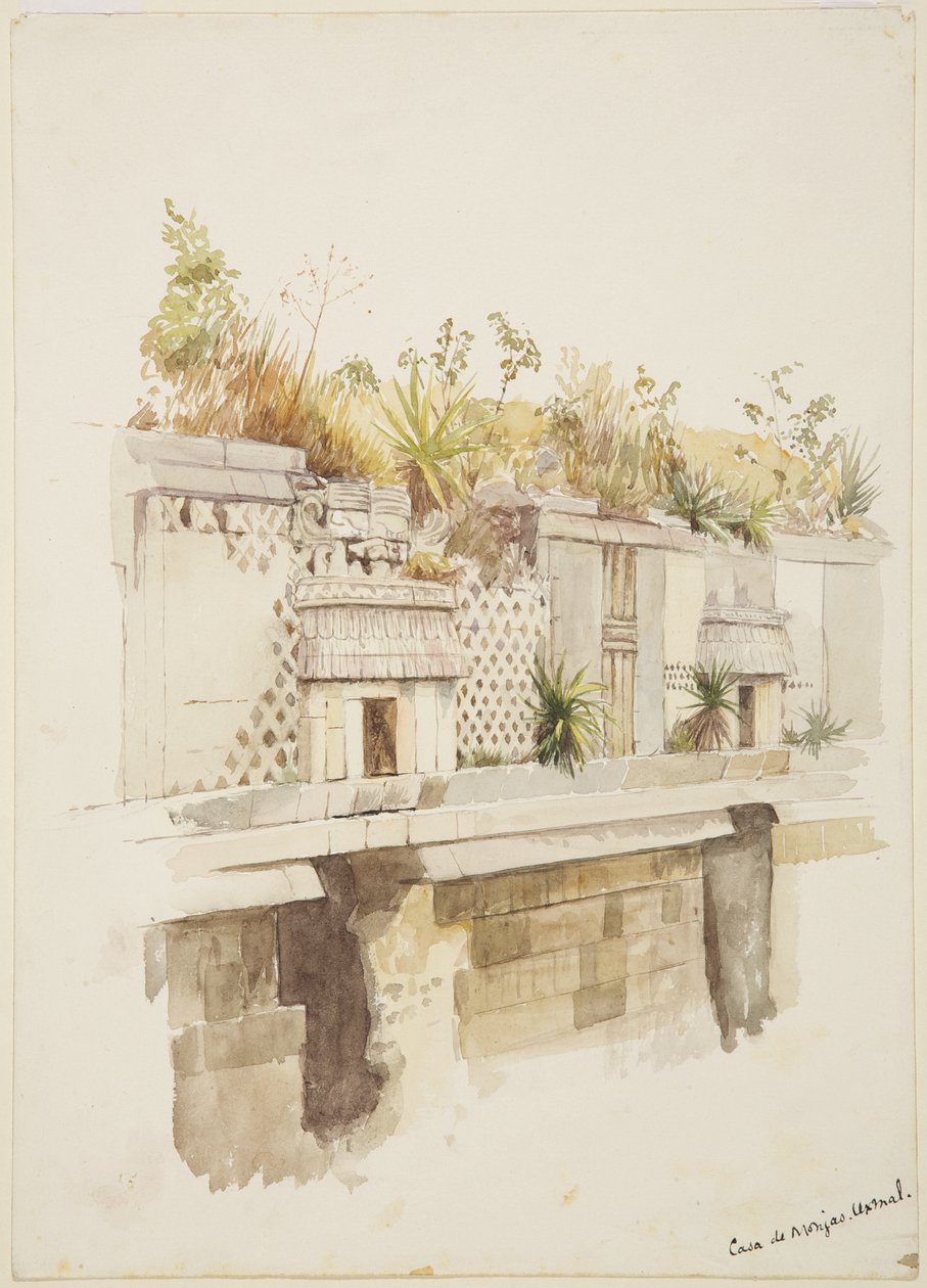 Casa de Monjas, Uxmal, Mexico Maleri af ruinernes øverste etage (akvarel) af Adela Breton