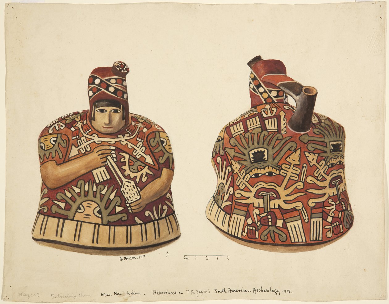 Beholder med en menneskelig figur på den ene side og en tud bag hovedet Fra Nazca, Peru (akvarel) af Adela Breton