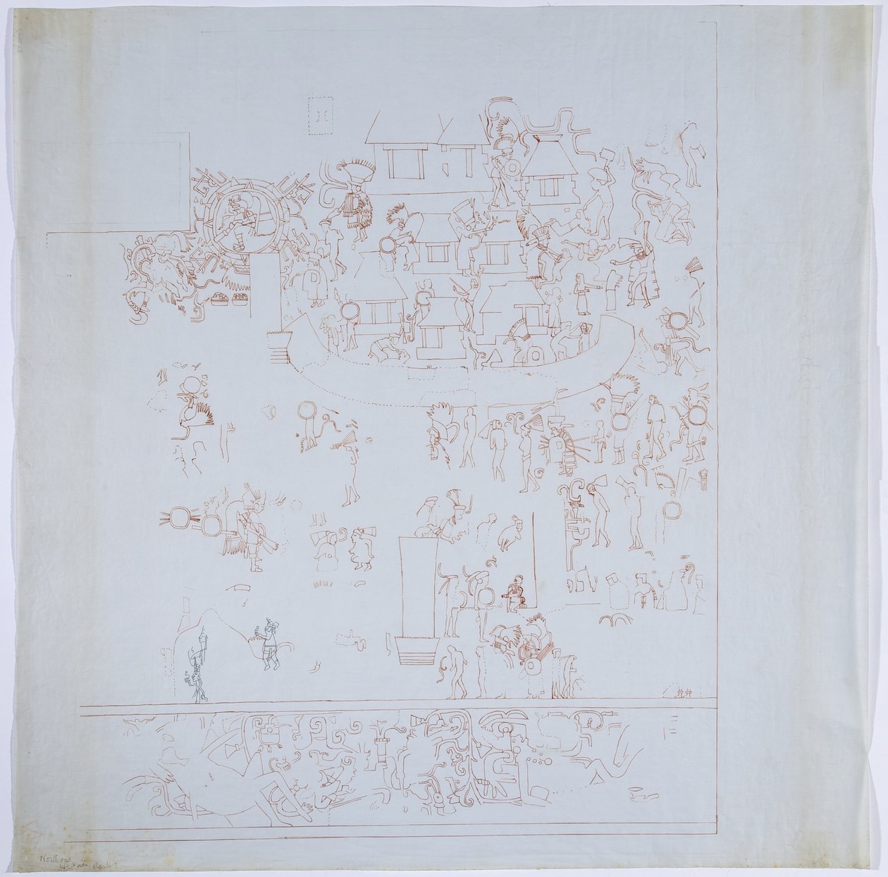 Kopi af et komplet vægmaleri fra vestvæggen, Jaguarernes øvre tempel, Chichen Itza, Mexico Indre kammer på vestvæggen Tegnet med rødt blæk (rød & sort blæk & grafit) af Adela Breton