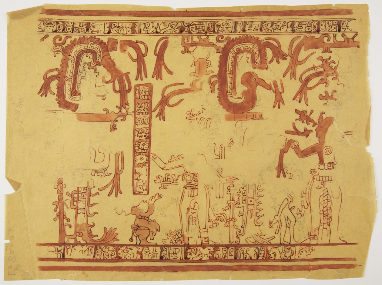 Design fra en gryde Belize (tidligere Britisk Honduras) Design omfatter menneskelige figurer og fjerbeklædte slanger (akvarel) af Adela Breton