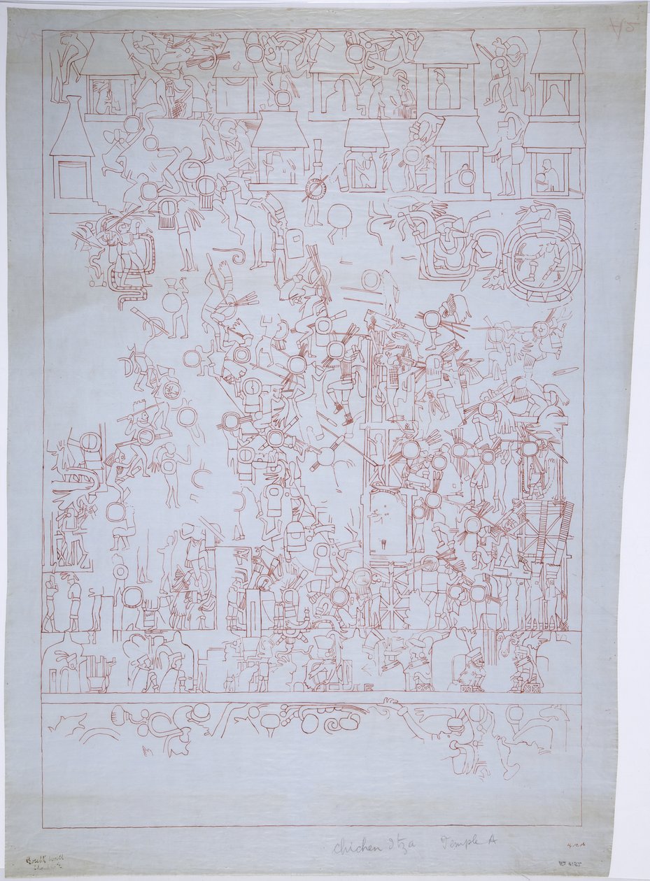 Tegning af Sydmuren, Jaguarernes Øvre Tempel, Chichen Itza, Mexico (rødt blæk) af Adela Breton
