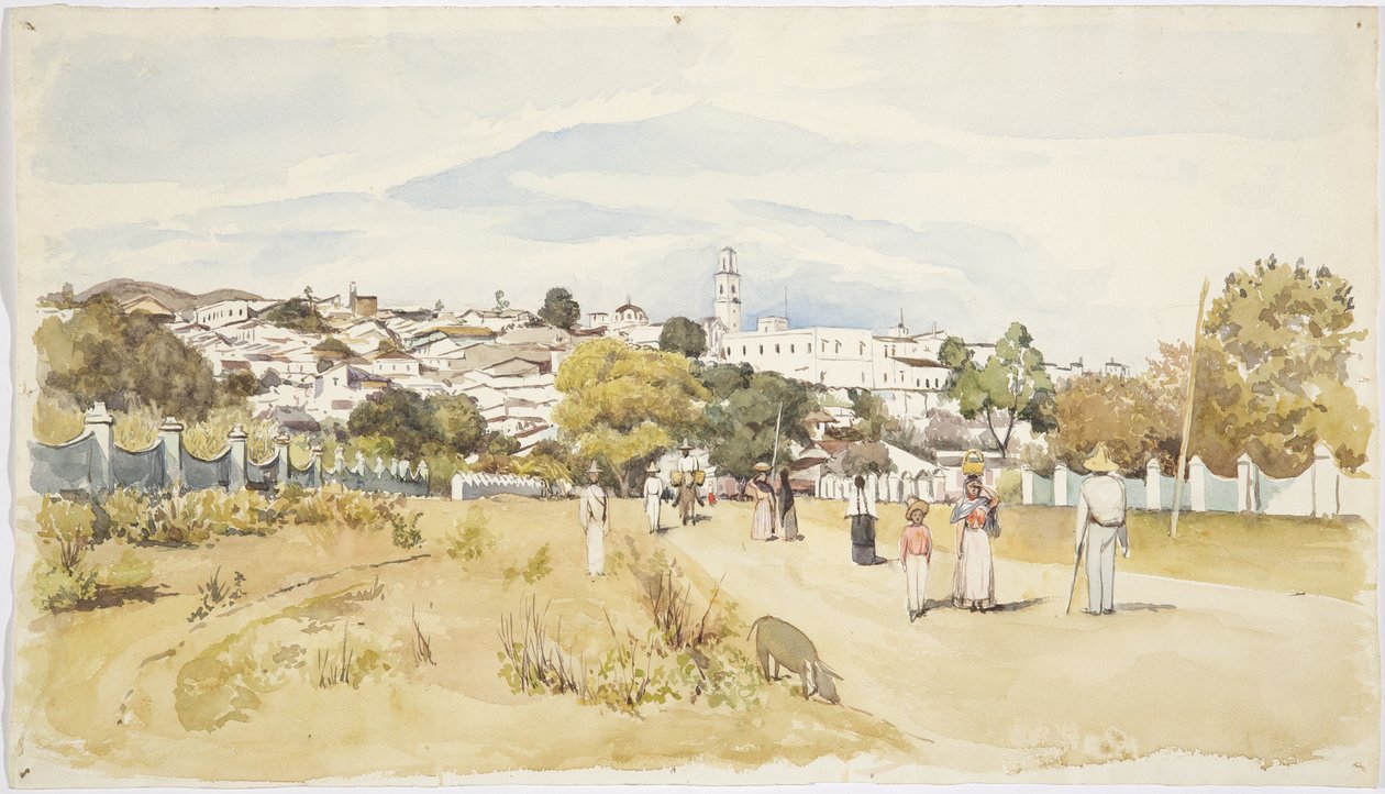 Mænd, kvinder og børn går langs en vej med en landsby i baggrunden, Jalapa (Xalapa) Veracruz, Mexico (akvarel) af Adela Breton