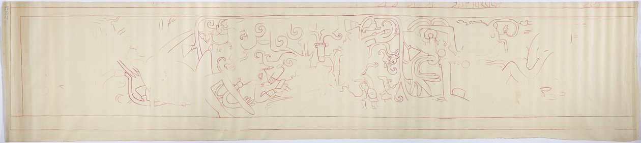 Kontursporing af et vægmaleri fra vestvæggen, Jaguarernes øvre tempel, Chichen Itza, Mexico (rødt blæk &   grafit) af Adela Breton