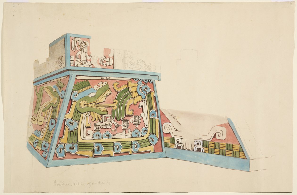 Maleri af et stenrelief fra Xochicalco, Mexico Nordende af vestsiden af nedre terrasse Akvarel (akvarel) af Adela Breton
