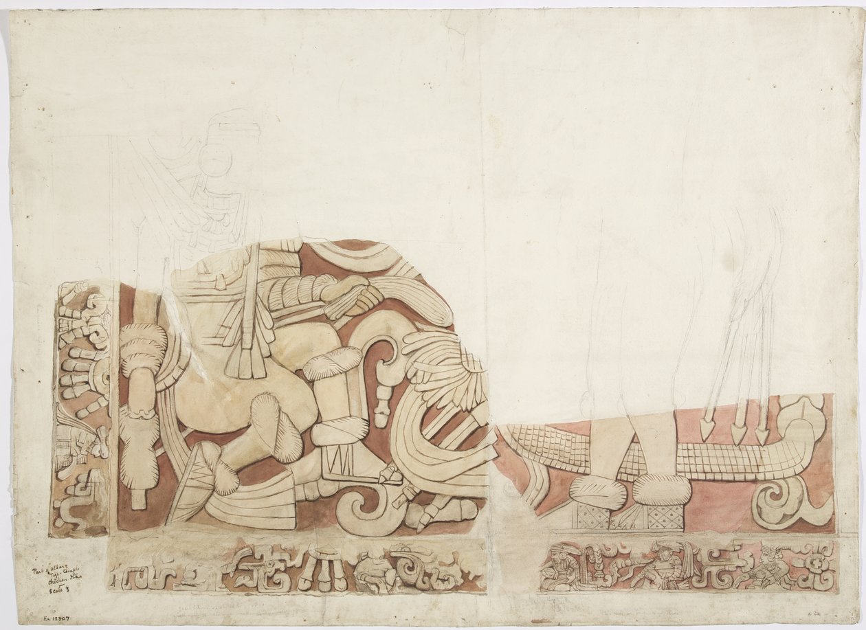 Del af et alter ved Jaguarernes øvre tempel, tempel E, Chichen Itza, Mexico af Adela Breton