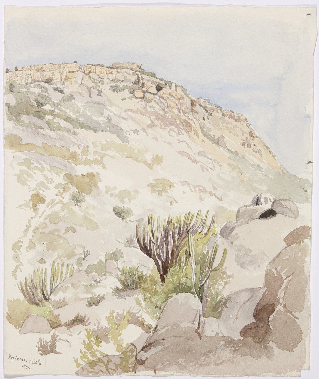 Rester af fæstningsmurene på toppen af en bakke ved Mitla, Oaxaca (akvarel) af Adela Breton