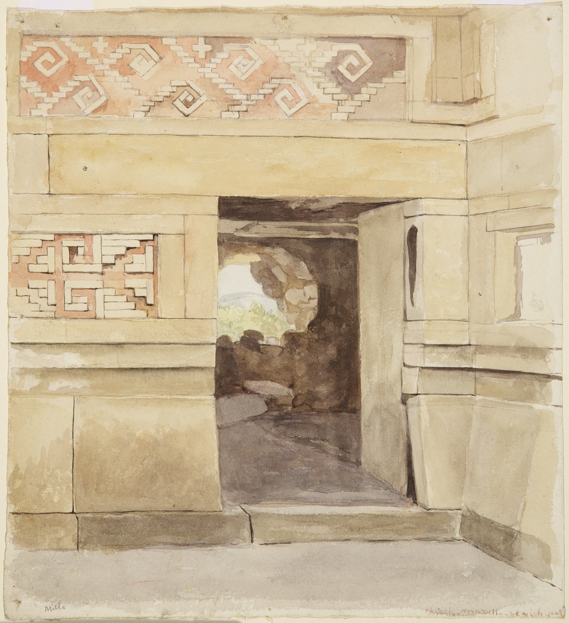 Paladsruin, Mitla 1894 (akvarel) af Adela Breton