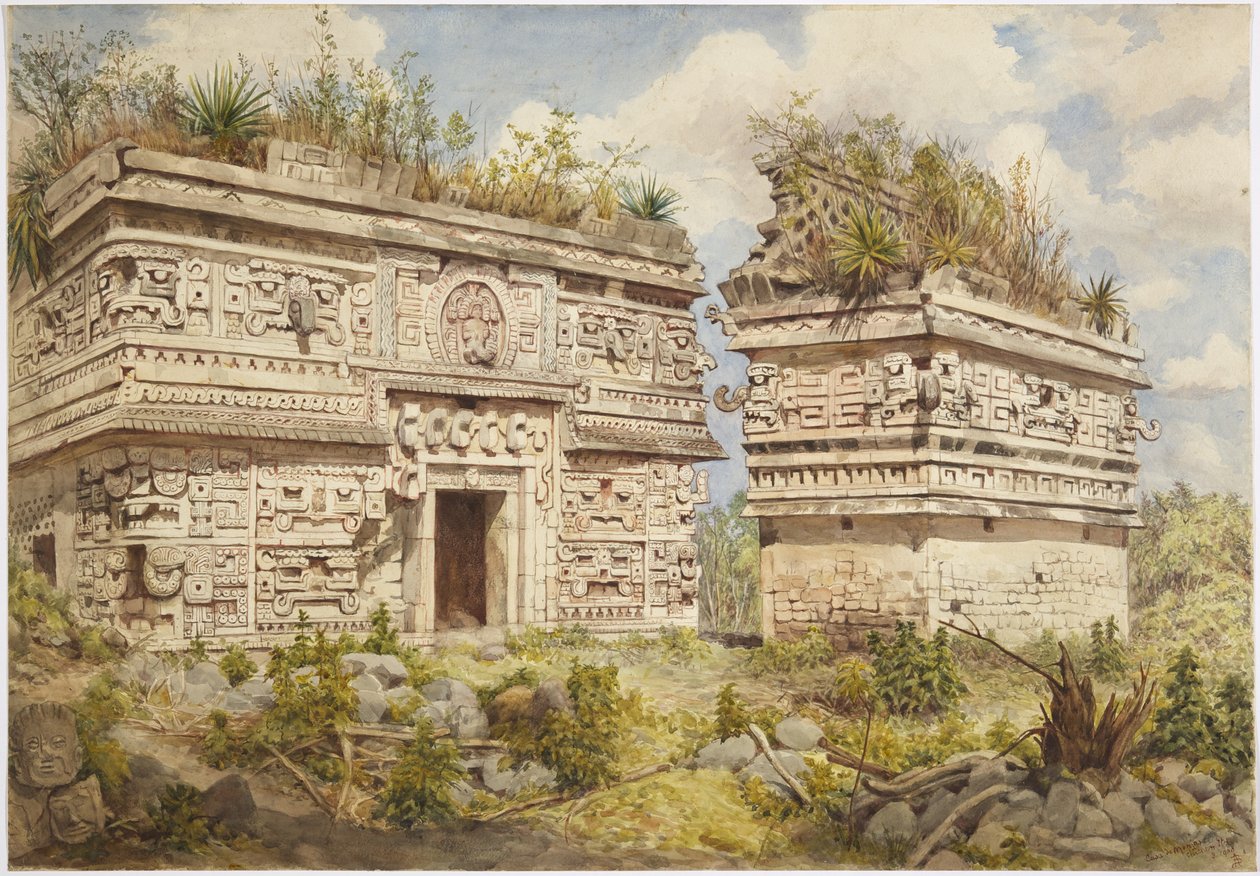 Ruiner ved Chichen Itza, Yucatan, Mexico Afbilder østfacade af Bygning A og Iglesia (akvarel) af Adela Breton