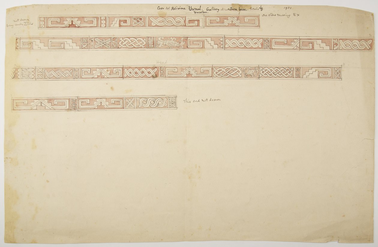 Ruiner/stenrelieffer ved templet i Uxmal, Mexico, der viser frise (akvarel) af Adela Breton
