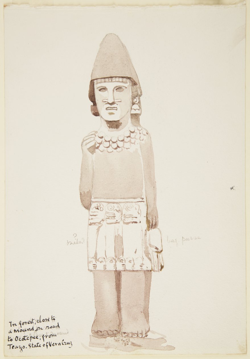 Statue fra Teayo, det nordlige Veracruz, Mexico Viser stenstatue med mandsfigur iført kilt (akvarel) af Adela Breton