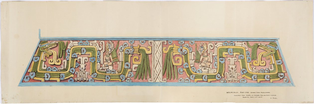 Stenrelief fra Xochicalco, Mexico Sydsiden af Cerro Colorado, Tehuacan (akvarel) af Adela Breton