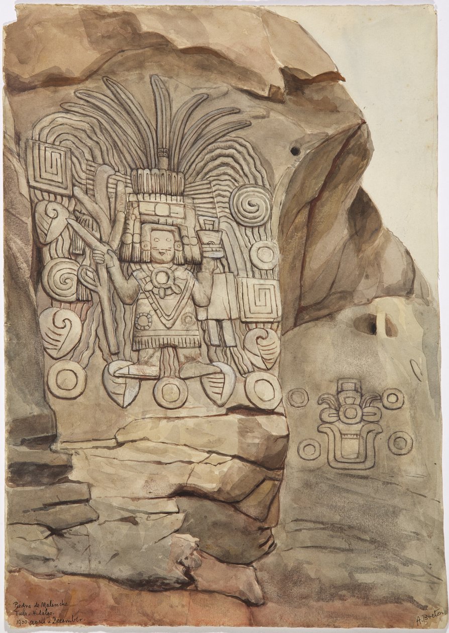 Stenrelief i naturlig klippe af Adela Breton - Piedra de Malinche, Tula, Hidalgo, Mexico (akvarel) af Adela Breton