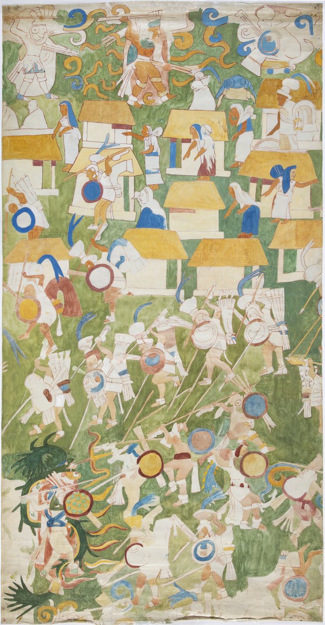 Sporing af et vægmaleri fra det sydlige panel af vestvæggen, Jaguarernes øvre tempel, Chichen Itza, Mexico (akvarel og grafit) af Adela Breton