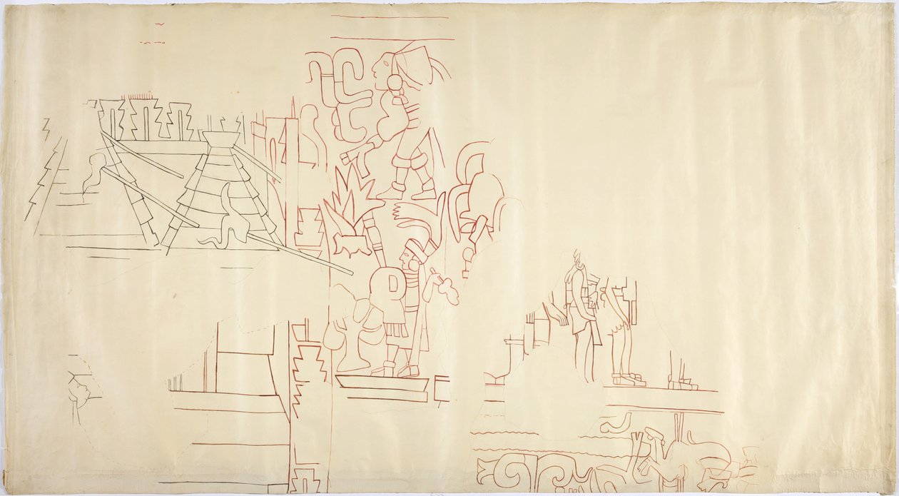 Sporing af et vægmaleri fra Casa de Monjas, Chichen Itza, Mexico Tegnet og sværtet med sort og rød blæk (rød & sort blæk & grafit) af Adela Breton