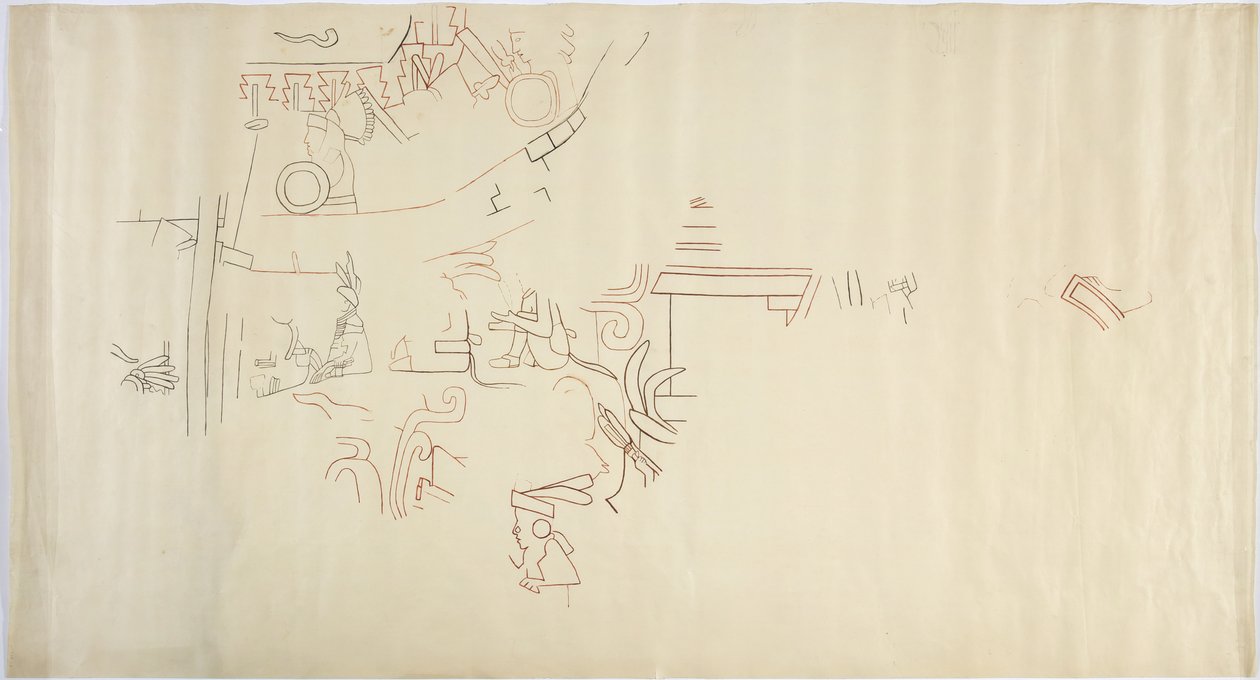 Sporing af et vægmaleri fra Casa de Monjas, Chichen Itza, Mexico hvælving i stort kammer (rød, sort & brun blæk & grafit) af Adela Breton