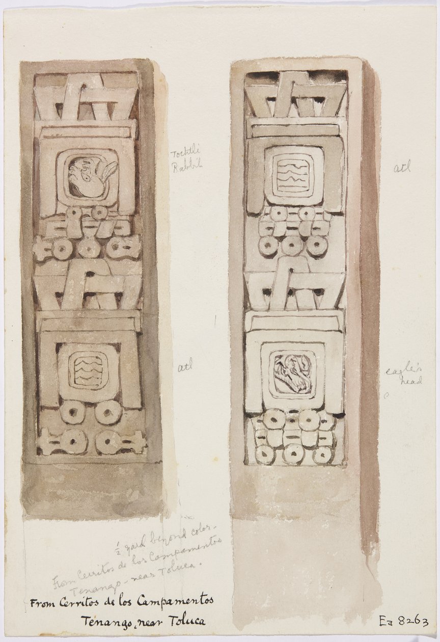 To søjler, der begge viser stenrelieffer, Cerritos de los Campamentos, Tenago, nær Toluca, Mexico (akvarel) af Adela Breton