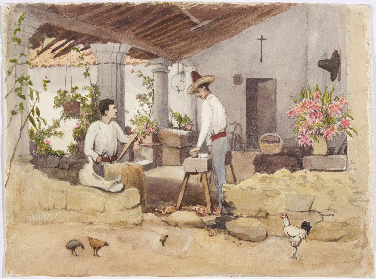 To mænd, der laver sadler, sadelbutik, Coscomatepec, Mexico af Adela Breton