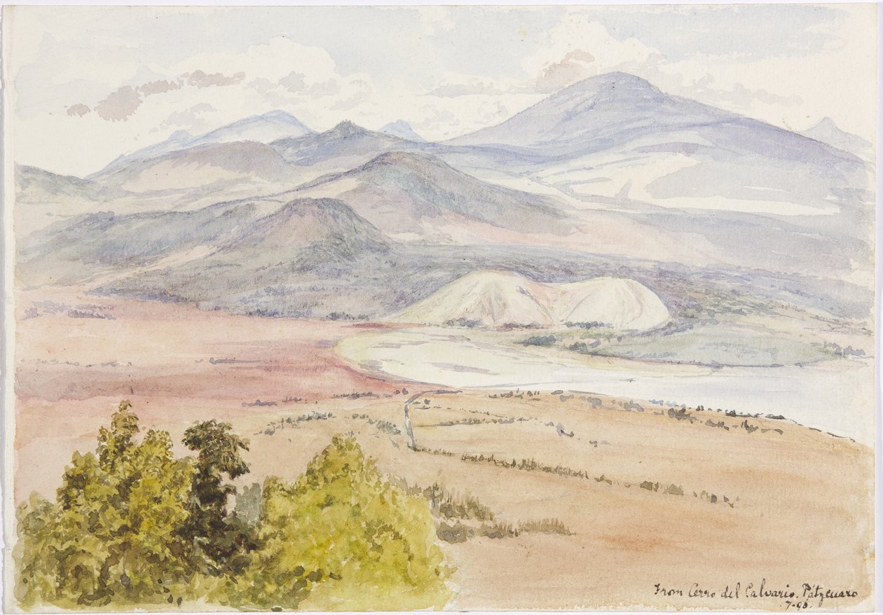 Udsigt fra Cerro del Calvario, Patzcuaxo på den ene side af papiret og på den anden side er en udsigt over den gamle fæstning og stenhøje, Iguatcho fra Cerro del Calvario, Patzcuaro, Michoacan, Mexico (akvarel) af Adela Breton