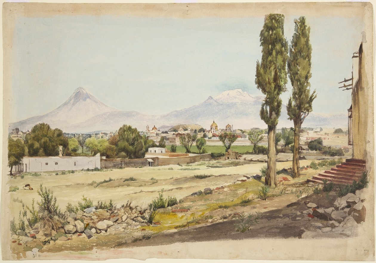 Vulkaner Popocatépetl og Iztaccihuatl vulkaner, Puebla, Mexico (akvarel) af Adela Breton