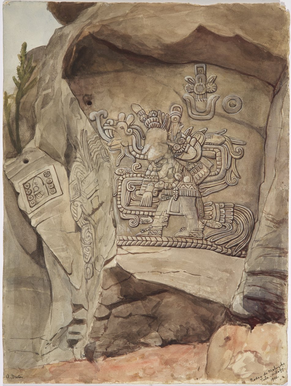 Stenrelief fra Piedra de Malinche,Tula, Hidalgo, Mexico (akvarel) af Adela Breton