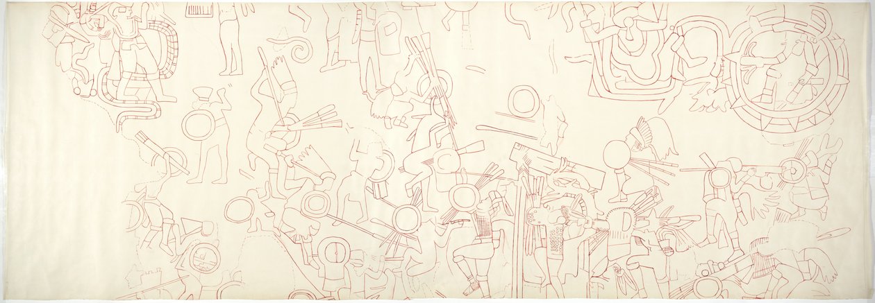 sydvæg, Jaguarernes øvre tempel, Chichen Itza, Mexicos nordlige centrale kvarter (rødt blæk og grafit) af Adela Breton