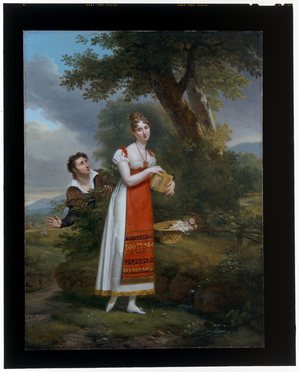 Dame, der holder et fuglebur, overrasket af en mand, en hjortejagt hinsides af Adele Romany