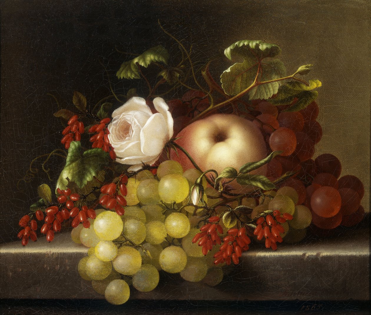 Stilleben med fersken, druer og hyben, 1865 af Adelheid Dietrich