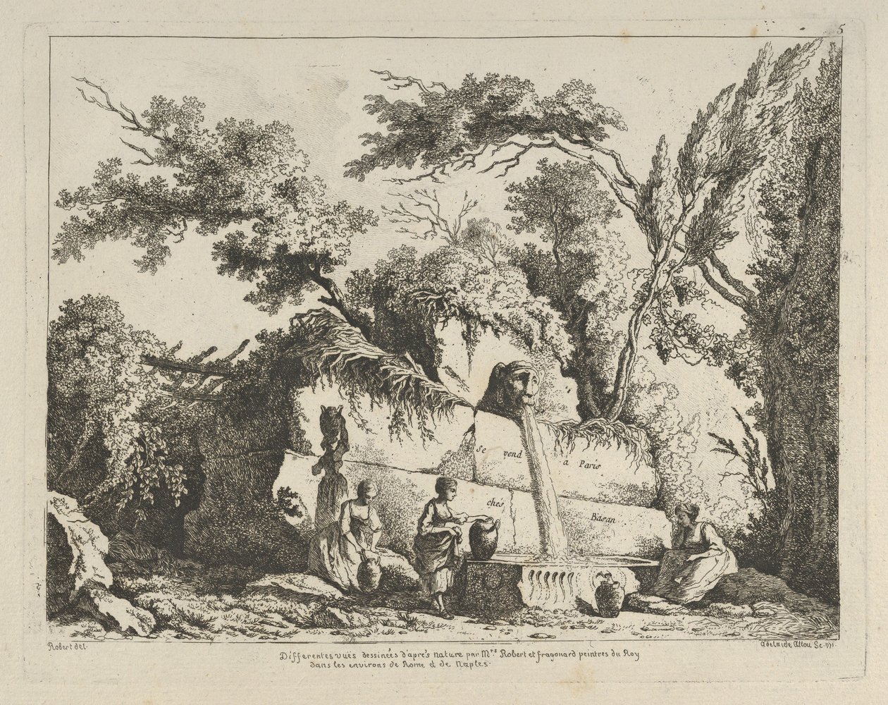 Titelblad fra Forskellige udsigter hentet fra naturen... i omgivelserne i Rom..., 1700-tallet. af Adélaide Allou