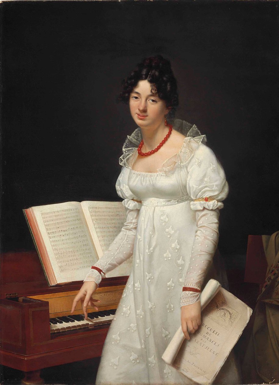 Portræt af en dame, der står ved siden af et piano forte med et manuskript i hånden af Adele Romany