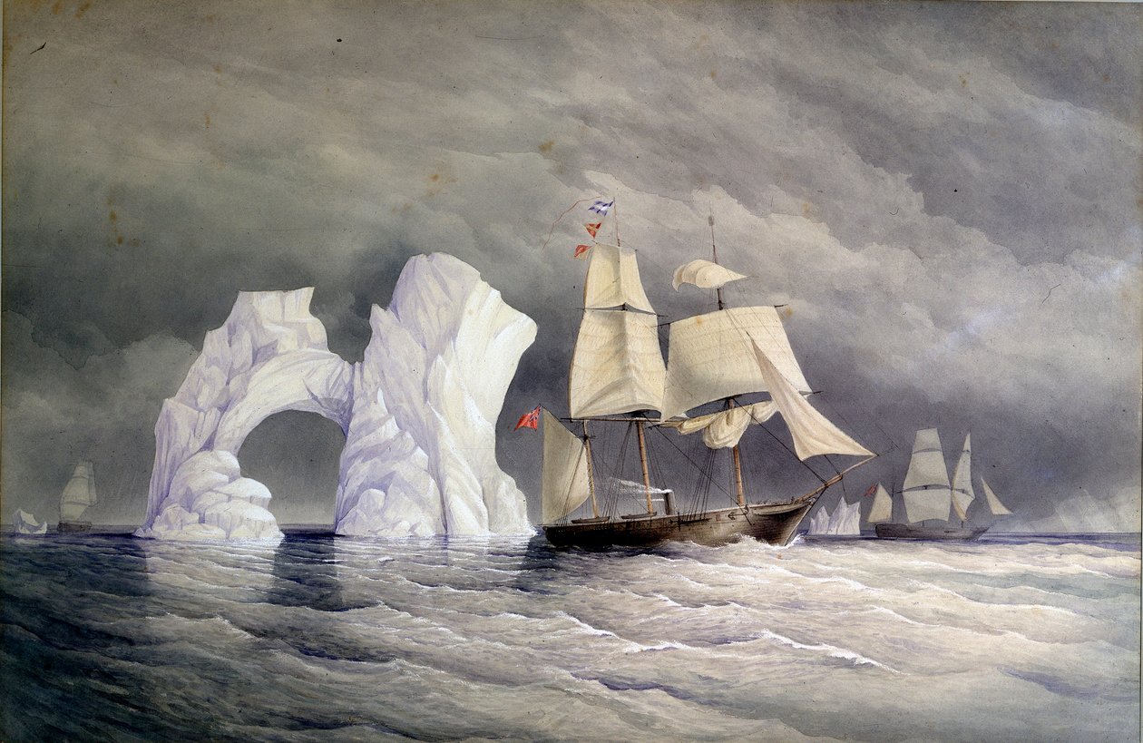 De britiske skibe Phoenix, Talbot og Diligence krydser et isbjerg (arktisk Canada). Akvarel (58x88 cm), af Edward Augustus Inglefield (1820-1894) af Admiral Edward Augustus Inglefield