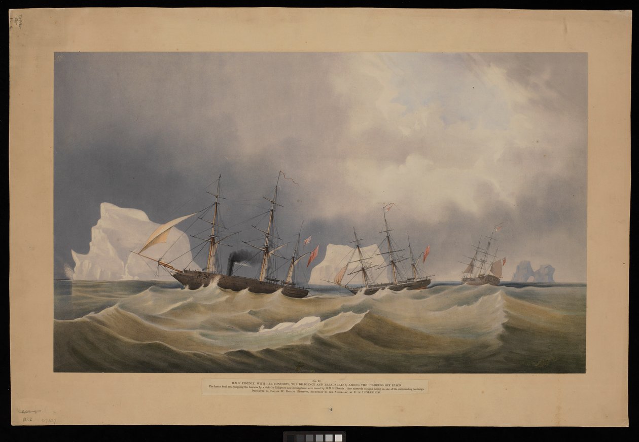 H.M.S. Phoenix med ledsagere, The Diligence og Breadalbane, blandt isbjergene af Admiral Edward Augustus Inglefield