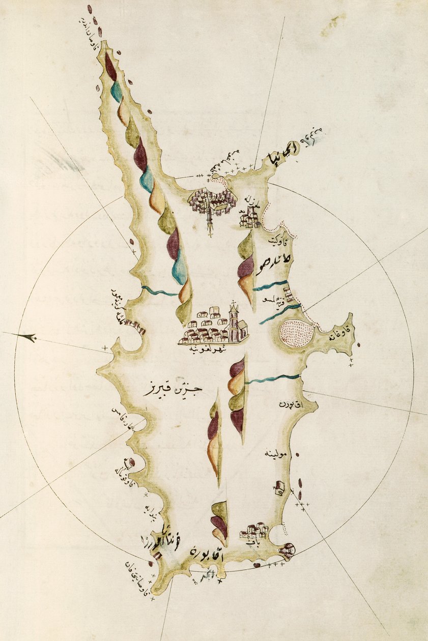 Kort over øen Cypern, illustration fra Portolano-atlas, af admiral Piri Reis (1465-1470 - 1553-1554) af Admiral Piri Reis