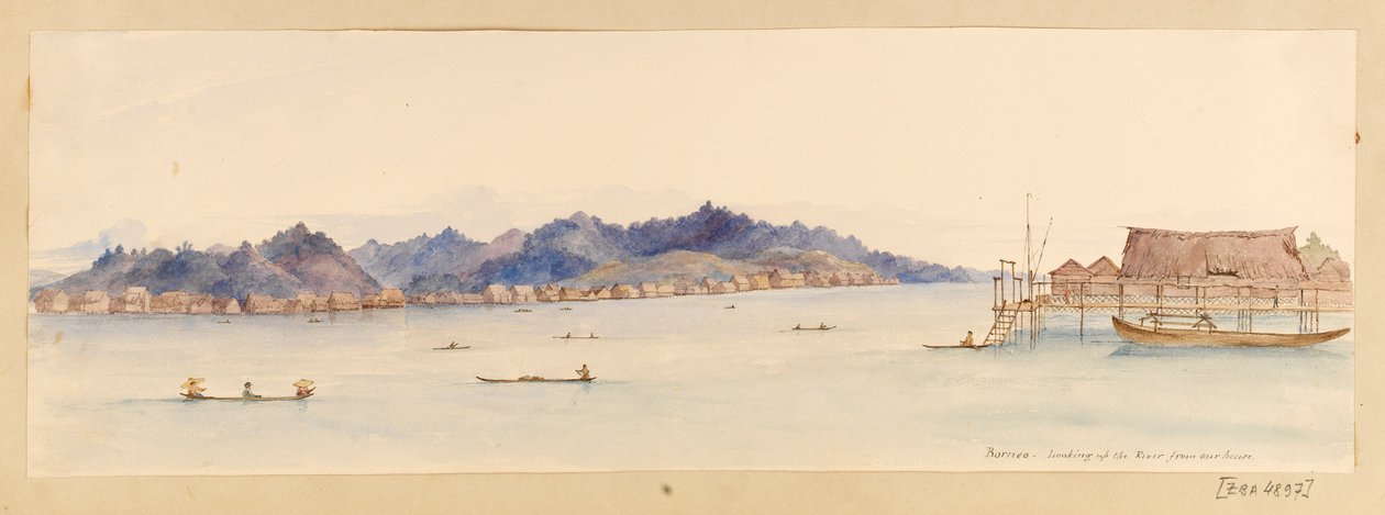 Borneo - Looking up the River from our house fra West Indies, North American and Borneo scrapbook, ca. 1845 (Akvarel) af Admiral Sir Edward Gennys Fanshawe