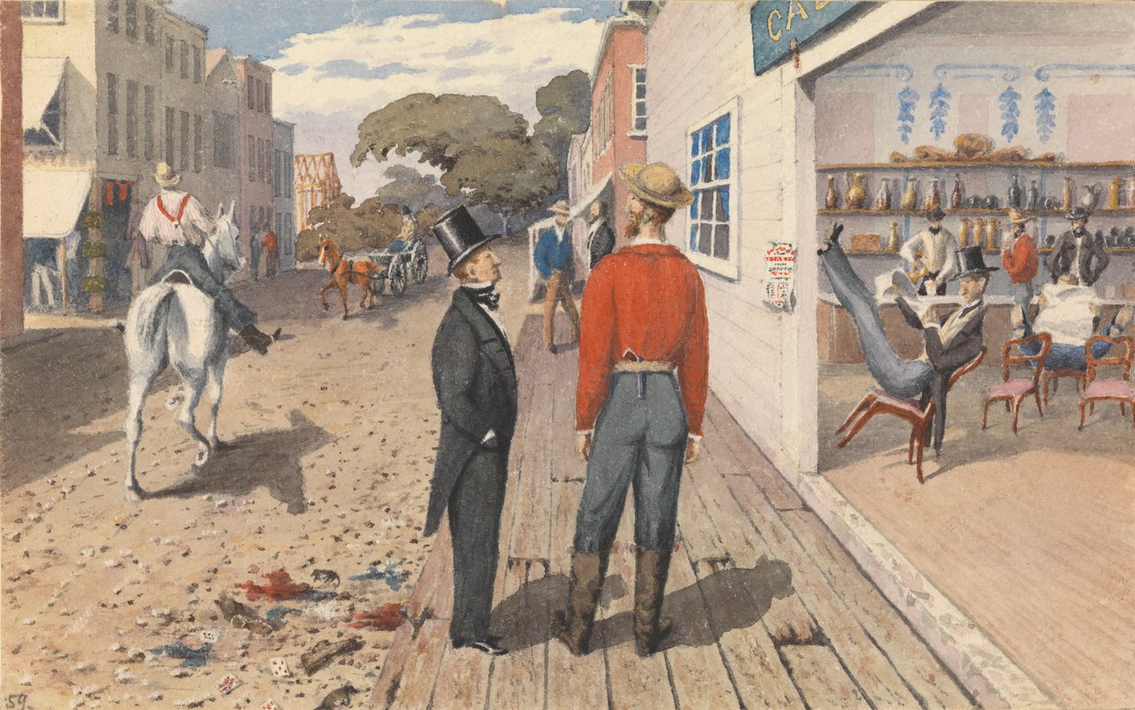 "Mr Rust, redaktør af "Pacific Star", og hans bror, Dr Rust, uden for en saloon i Sacramento City [Californien], september 1851 af Admiral Sir Edward Gennys Fanshawe