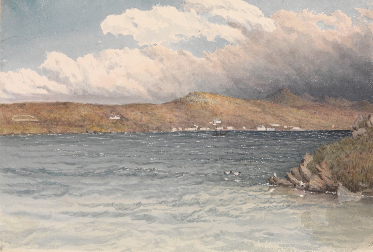 Bosættelse ved Port Stanley, Falklandsøerne, maj 1849 (akvarel) af Admiral Sir Edward Gennys Fanshawe