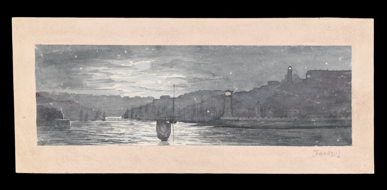 Tynes udmunding med North og South Shields i måneskin, ca. 1840 (akvarel, opkradsning, papir) af Admiral Sir Edward Gennys Fanshawe