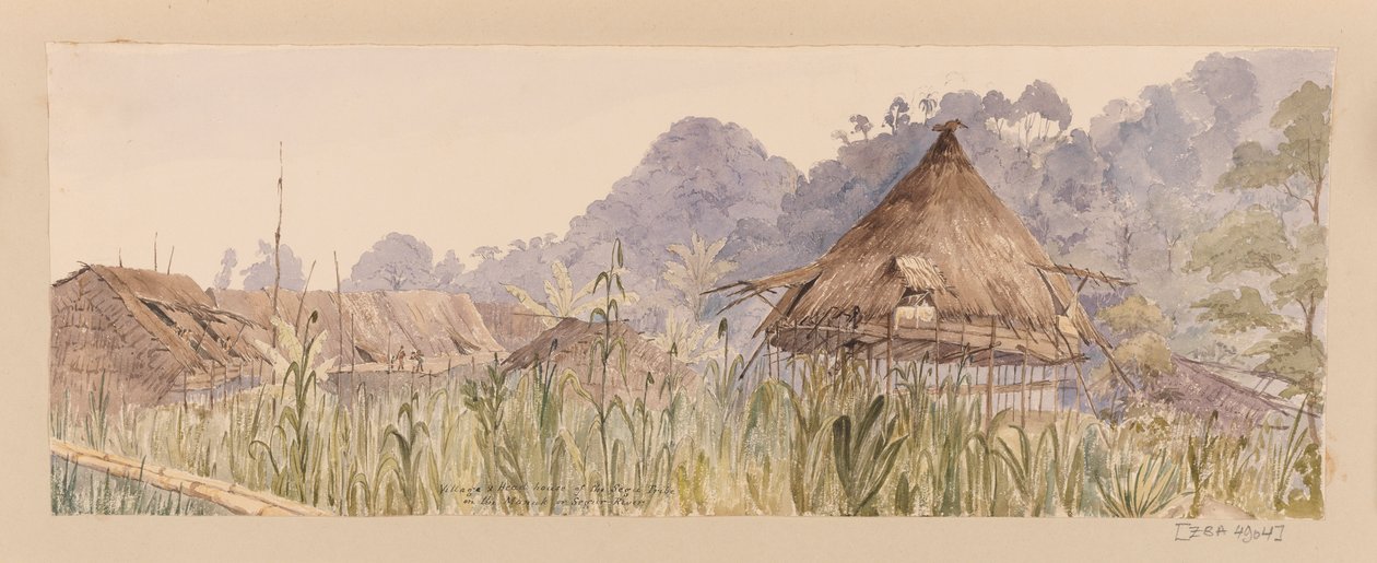 Segu-stammens landsby og hovedhus eller ved Manuk- eller Segur-floden fra Vestindien, Nordamerika og Borneo scrapbog af Admiral Sir Edward Gennys Fanshawe