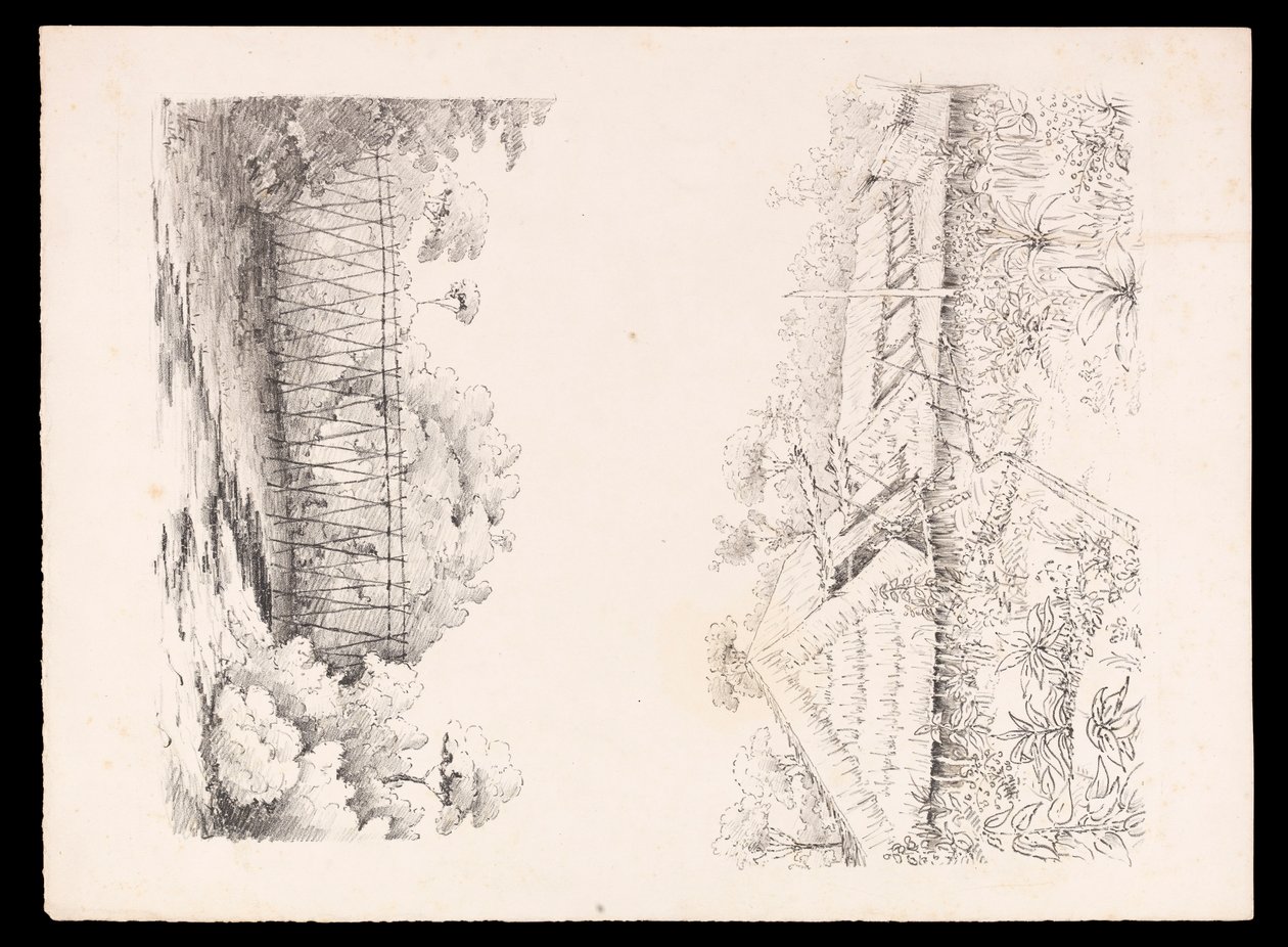 Stang-stammens landsby, Sarawak, Borneo; og en bro af pæle over en flod fra West Indies, North American and Borneo scrapbook, ca. 1845 (litografi) af Admiral Sir Edward Gennys Fanshawe