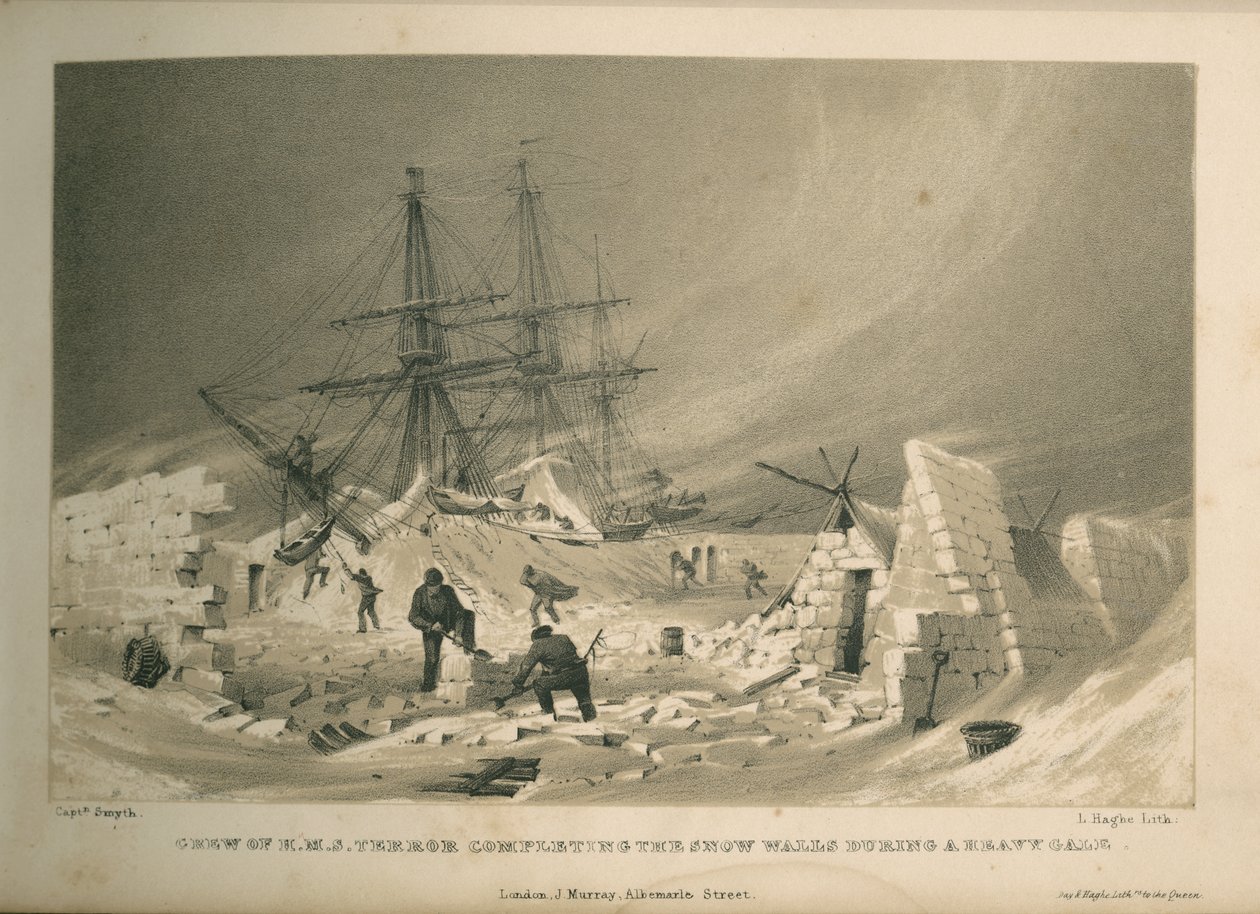 Besætningen på H.M.S. Terror, der fuldender snevæggene under en kraftig kuling af Admiral William Henry Smyth