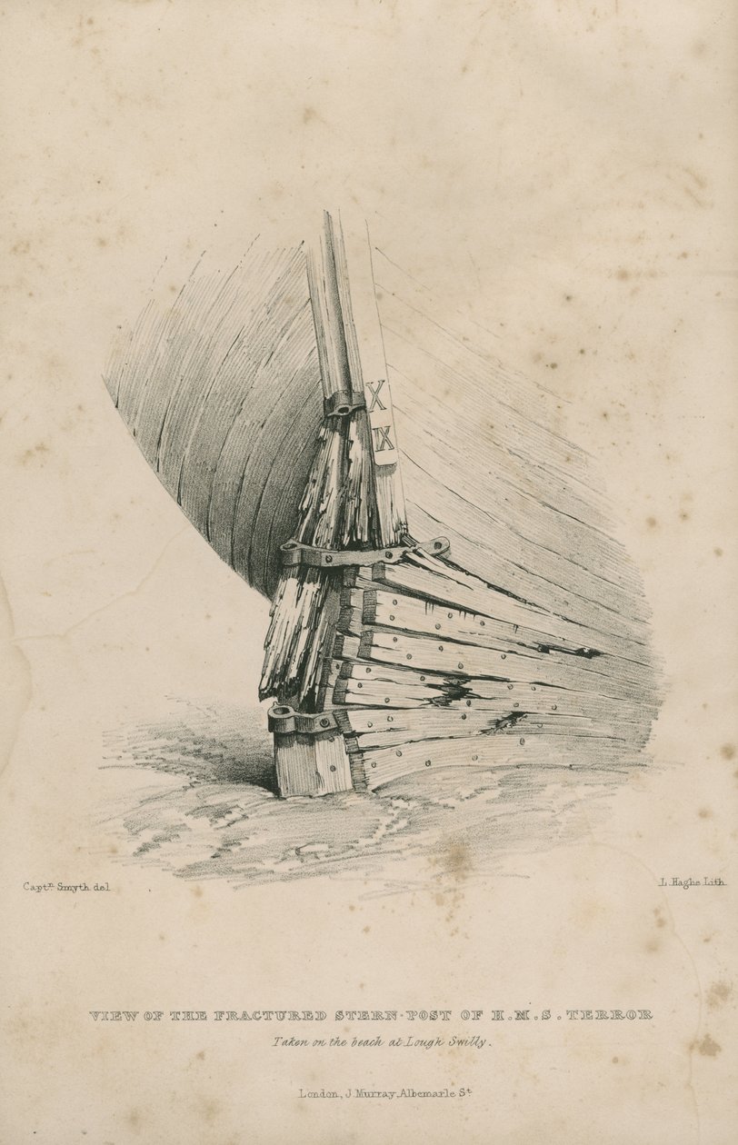 Udsigt over den brækkede agterstolpe af H.M.S. Terror: taget på stranden ved Lough Swilly af Admiral William Henry Smyth